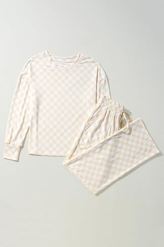 KevaMolly Womens Plaid Pajama Sets Checkered Print Long Sleeve Lace-up Loose Fit Lounge Set Long Sleeve Top and Pants in Kuwait