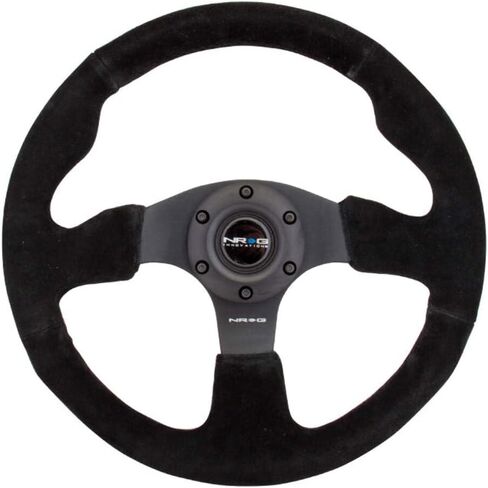 NRG Innovations NRG-RST-012S Reinforced Steering Wheel Suede Steering Wheel 320mm Diameter And 25mm Depp With/BLACK Stitch/Black Thumb Grip, Double Riveted Spokes + Horn Button in Saudi Arabia