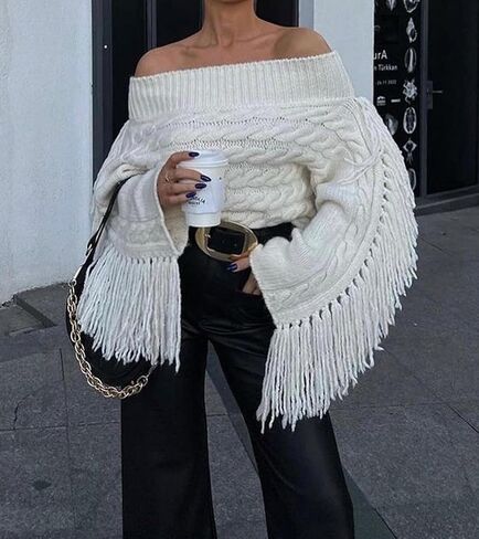 Unybwonn سترة نسائية مقصوصة مكشوفة الكتف وأكمام طويلة بلوفر مثير Y2k ملابس شارع لطيفة متماسكة بشراشيب in Kuwait
