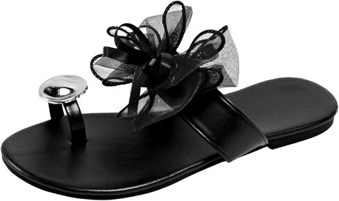 Verdusa Women's Tulle Bow Sandals Summer Ring Toe Slip on Leather Flat Flower Sandals in Saudi Arabia