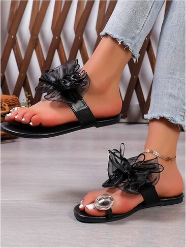 Verdusa Women's Tulle Bow Sandals Summer Ring Toe Slip on Leather Flat Flower Sandals in Saudi Arabia