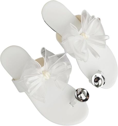 Verdusa Women's Tulle Bow Sandals Summer Ring Toe Slip on Leather Flat Flower Sandals in Saudi Arabia