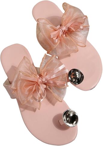Verdusa Women's Tulle Bow Sandals Summer Ring Toe Slip on Leather Flat Flower Sandals in Saudi Arabia