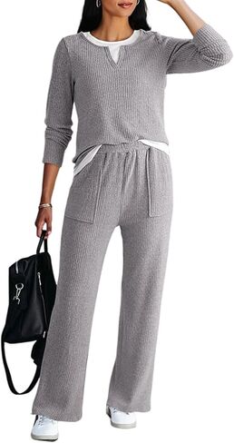 Dokotoo Women's 2 Piece Sets Outfits Casual Long Sleeve Color Block Sweatshirts Wide Leg Pants Tracksuit Sets With Pocket in Saudi Arabia