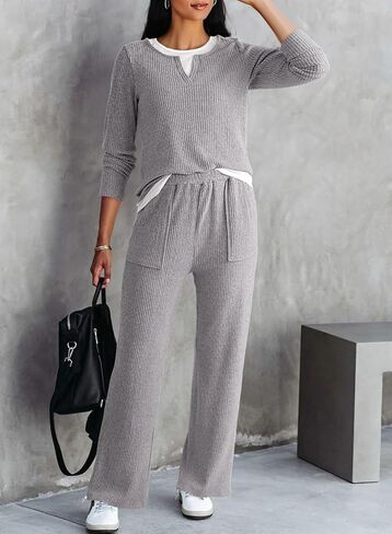 Dokotoo Women's 2 Piece Sets Outfits Casual Long Sleeve Color Block Sweatshirts Wide Leg Pants Tracksuit Sets With Pocket in Saudi Arabia