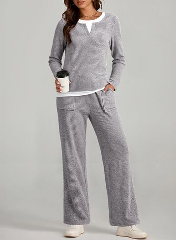 Dokotoo Women's 2 Piece Sets Outfits Casual Long Sleeve Color Block Sweatshirts Wide Leg Pants Tracksuit Sets With Pocket in Saudi Arabia