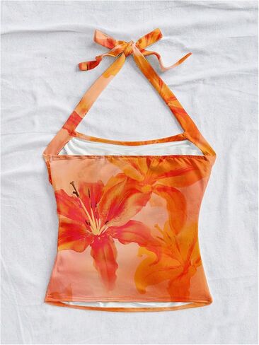 Milumia Women Floral Halter Top Bow Tie Backless Going Out Sleeveless Beach Tank Tops in Saudi Arabia
