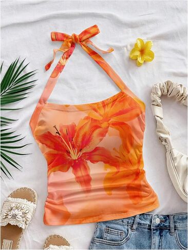 Milumia Women Floral Halter Top Bow Tie Backless Going Out Sleeveless Beach Tank Tops in Saudi Arabia