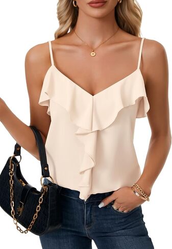 Vrtige Women's Camisole V Neck Flowy Ruffle Hem Cami Spaghetti Strap Tank Tops in Kuwait