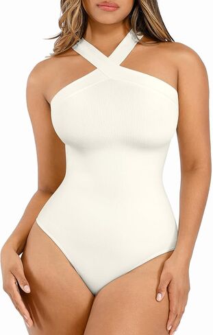 Lover-Beauty Thong Shapewear Bodysuit for Women Tummy Control Body Shaper Seamless Criss Cross Halter Tank Top Slim Sculpt in Saudi Arabia