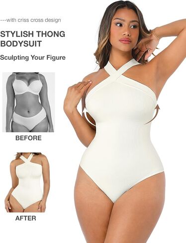 Lover-Beauty Thong Shapewear Bodysuit for Women Tummy Control Body Shaper Seamless Criss Cross Halter Tank Top Slim Sculpt in Saudi Arabia