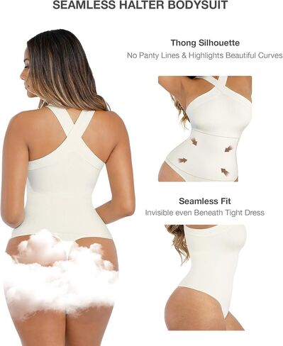 Lover-Beauty Thong Shapewear Bodysuit for Women Tummy Control Body Shaper Seamless Criss Cross Halter Tank Top Slim Sculpt in Saudi Arabia
