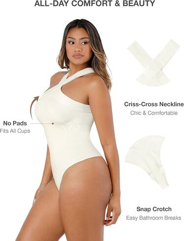 Lover-Beauty Thong Shapewear Bodysuit for Women Tummy Control Body Shaper Seamless Criss Cross Halter Tank Top Slim Sculpt in Saudi Arabia