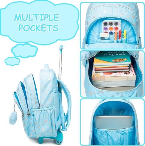 Rolling Backpack for Girls with Lunch Box Backpack for School Kids Backpack with Wheels for Travel Cute Bowknot Bookbag Backpacks for Girls Elementary Primary School Student in Kuwait