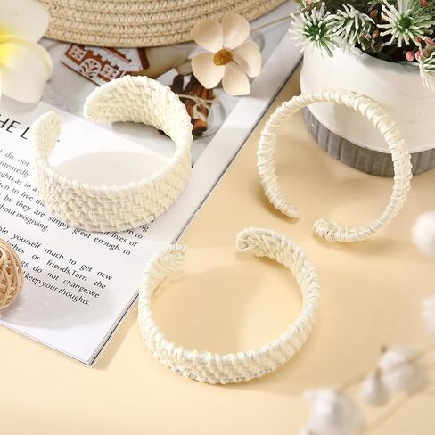 3 Pcs Handwoven Wooden Braided Rattan Knit Cuff Bracelet Adjustable Bohemian Chunky Wrap Bangle for Women Summer Ethnic Tribal Wrist Jewelry in Kuwait