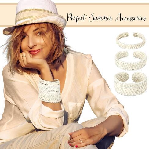 3 Pcs Handwoven Wooden Braided Rattan Knit Cuff Bracelet Adjustable Bohemian Chunky Wrap Bangle for Women Summer Ethnic Tribal Wrist Jewelry in Kuwait