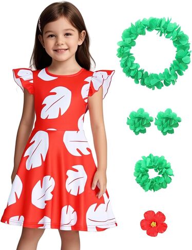 فتاة هاواي فستان هولا زي كيد هالوين لوا بزوم الزي الأحمر فستان استوائي مع مجموعة accessoreis زهرة لي in Kuwait