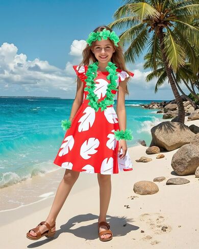 فتاة هاواي فستان هولا زي كيد هالوين لوا بزوم الزي الأحمر فستان استوائي مع مجموعة accessoreis زهرة لي in Kuwait