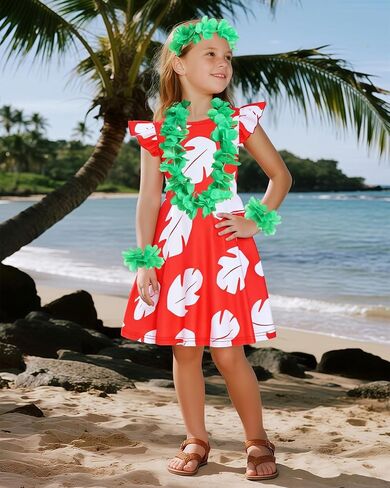 فتاة هاواي فستان هولا زي كيد هالوين لوا بزوم الزي الأحمر فستان استوائي مع مجموعة accessoreis زهرة لي in Kuwait