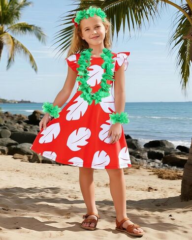 فتاة هاواي فستان هولا زي كيد هالوين لوا بزوم الزي الأحمر فستان استوائي مع مجموعة accessoreis زهرة لي in Kuwait