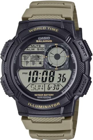 Casio AE-1000W سلسلة | أسود/تان | بطارية 10 سنوات | وقت العالم | التنبيه اليومي | ساعة إضاءة رقمية in Saudi Arabia