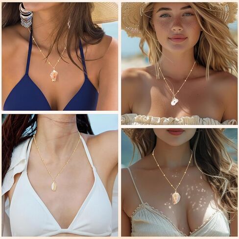 Tondiamo 10 Pcs Natural Shell Scallop Conch Pendant Necklace with Gold Rimmed Boho Ocean Jewelry Cowrie Adjustable Seashell Jewelry Gifts Ocean Beach Wedding Women in Saudi Arabia