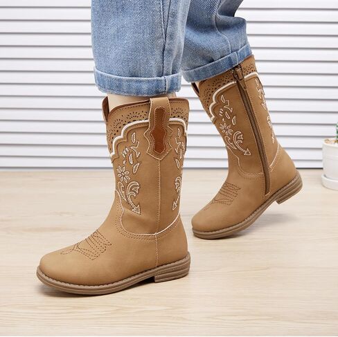 BMCiTYBM Toddler Girl Boy Cowboy Cowgirl Boots Little Kids Square Toe Western Boots Mid Calf Side Zipper Riding Shoes for All Seasons in Kuwait
