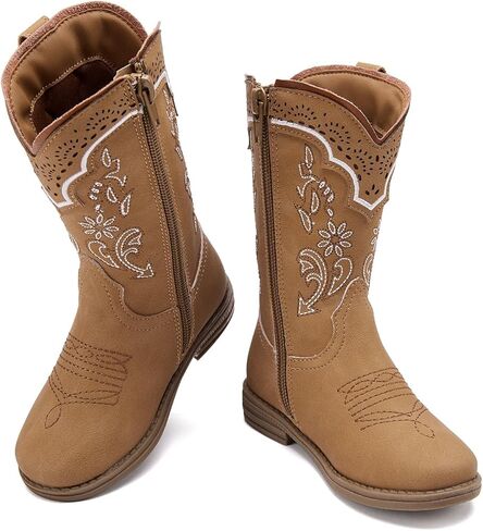 BMCiTYBM Toddler Girl Boy Cowboy Cowgirl Boots Little Kids Square Toe Western Boots Mid Calf Side Zipper Riding Shoes for All Seasons in Kuwait