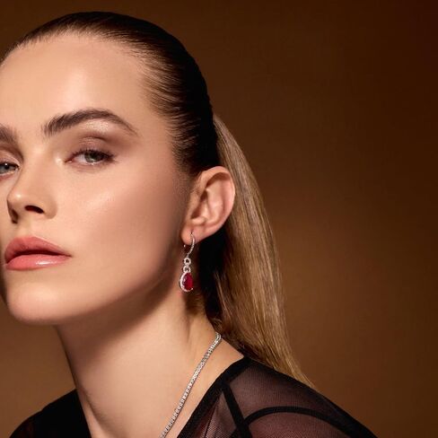 8.00 Cttw Pear Shape Cut Lab-Grown Rubi Dangling Earrings with White Sapphire Halo Hanging on Half Eternity White Sapphire 14K Yellow Gold Over Silver Comes With Gift Box in Kuwait