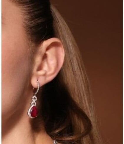 8.00 Cttw Pear Shape Cut Lab-Grown Rubi Dangling Earrings with White Sapphire Halo Hanging on Half Eternity White Sapphire 14K Yellow Gold Over Silver Comes With Gift Box in Kuwait