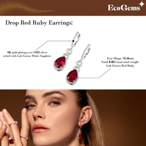 8.00 Cttw Pear Shape Cut Lab-Grown Rubi Dangling Earrings with White Sapphire Halo Hanging on Half Eternity White Sapphire 14K Yellow Gold Over Silver Comes With Gift Box in Kuwait