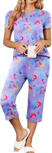 Ekouaer Women's Pajama Set 2 Piece Short Sleeve Capri Pj Sets V Neck Loungewear Sleepwear with Pockets S-3XL in Saudi Arabia