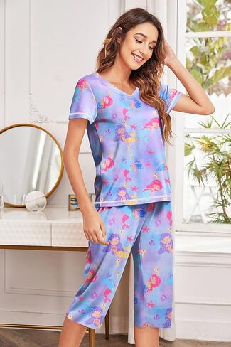 Ekouaer Women's Pajama Set 2 Piece Short Sleeve Capri Pj Sets V Neck Loungewear Sleepwear with Pockets S-3XL in Saudi Arabia