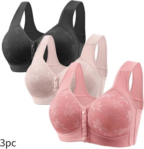 3 Pack Daisy Bras for Older Women No Underwire Front Closure Push up Bra Soft Floral Print Everyday Sleep Bralettes in Saudi Arabia