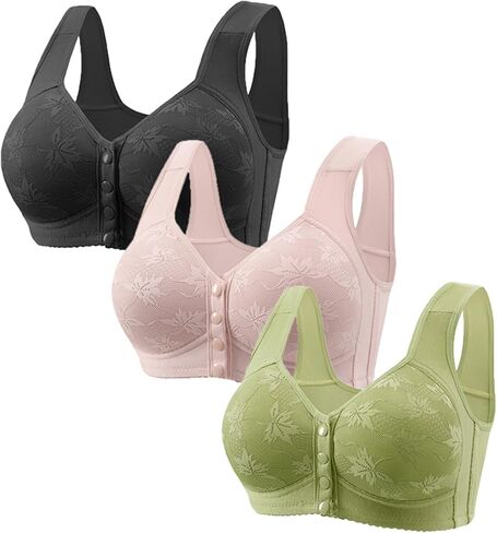 3 Pack Daisy Bras for Older Women No Underwire Front Closure Push up Bra Soft Floral Print Everyday Sleep Bralettes in Saudi Arabia