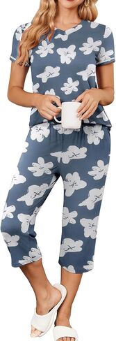 Ekouaer Women's Pajama Set 2 Piece Short Sleeve Capri Pj Sets V Neck Loungewear Sleepwear with Pockets S-3XL in Saudi Arabia