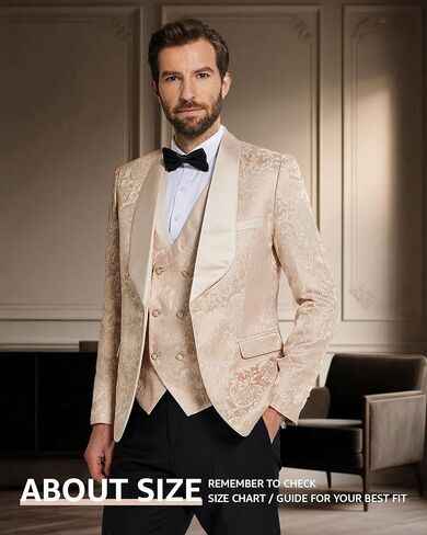 MY'S Men's Floral Suit, 3 Piece Slim Fit Paisley Tuxedo, Jacket Pants Vest with Bow Tie for Wedding Prom Dinner in Kuwait