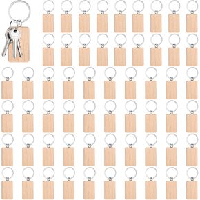 60pcs الفراغات مفاتيح خشبية سلسلة مفاتيح مستطيلة مع حلقات رئيسية غير مكتملة من سلاسل المفاتيح القابلة للليزر غير المكتملة لحرف الهدايا DIY in Kuwait