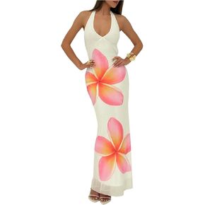 Milumia Women's Floral Print Deep V Neck Halter Dress Tie Backless Mesh Bodycon Maxi Skirts in Saudi Arabia