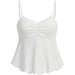 Floerns Women's Contrast Lace Lettuce Trim Asymmetrical Hem Ruched Cami Tops in Saudi Arabia