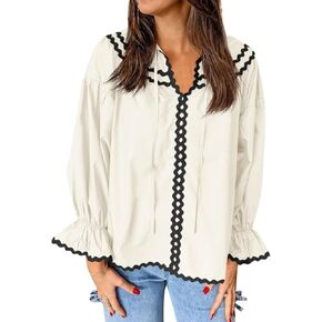 Cicy Bell Womens Ruffle Puff Sleeve Blouse V Neck Trim Shirts Trendy Casual Loose Fit Tops in Saudi Arabia