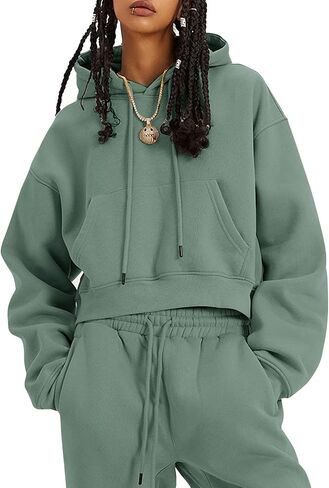 COZYPOIN Womens Fleece 2 Piece Outfits Sweatsuit Crop Top and Pants Hoodie Tracksuit Set in Kuwait