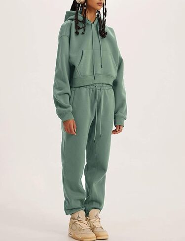 COZYPOIN Womens Fleece 2 Piece Outfits Sweatsuit Crop Top and Pants Hoodie Tracksuit Set in Kuwait