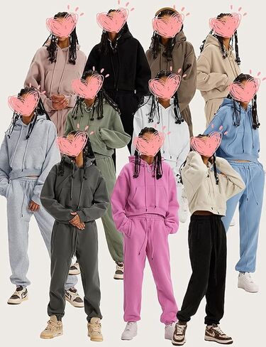 COZYPOIN Womens Fleece 2 Piece Outfits Sweatsuit Crop Top and Pants Hoodie Tracksuit Set in Kuwait