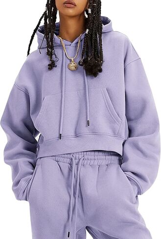 COZYPOIN Womens Fleece 2 Piece Outfits Sweatsuit Crop Top and Pants Hoodie Tracksuit Set in Kuwait