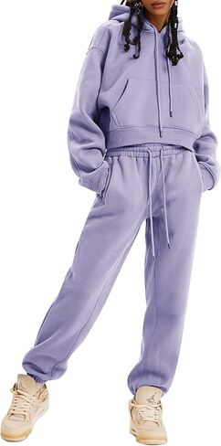 COZYPOIN Womens Fleece 2 Piece Outfits Sweatsuit Crop Top and Pants Hoodie Tracksuit Set in Kuwait