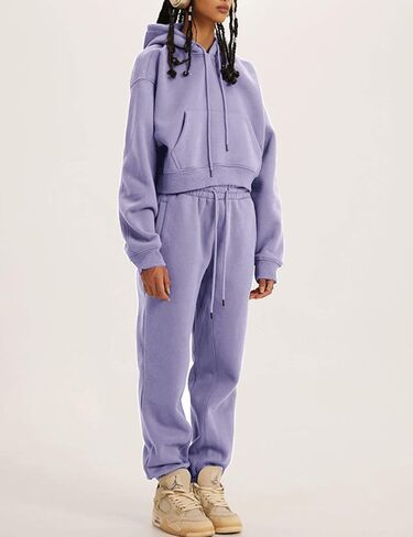 COZYPOIN Womens Fleece 2 Piece Outfits Sweatsuit Crop Top and Pants Hoodie Tracksuit Set in Kuwait