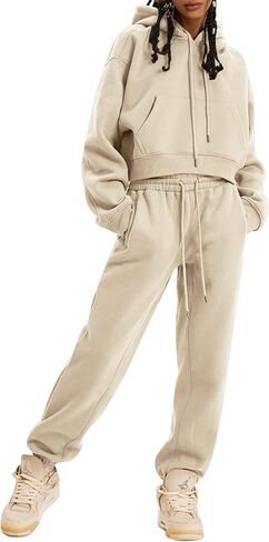 COZYPOIN Womens Fleece 2 Piece Outfits Sweatsuit Crop Top and Pants Hoodie Tracksuit Set in Kuwait