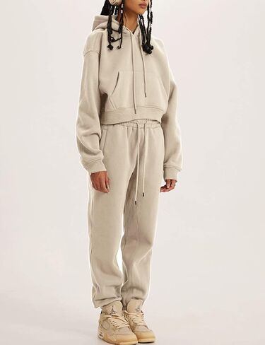 COZYPOIN Womens Fleece 2 Piece Outfits Sweatsuit Crop Top and Pants Hoodie Tracksuit Set in Kuwait