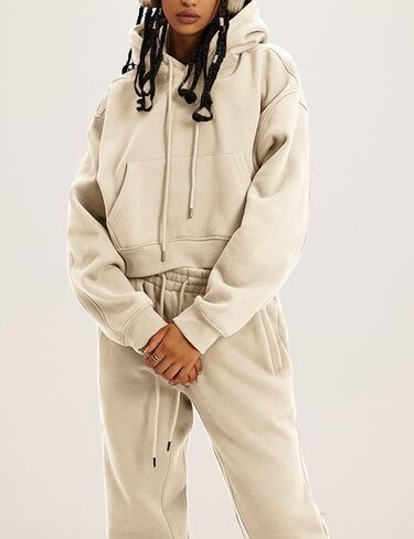 COZYPOIN Womens Fleece 2 Piece Outfits Sweatsuit Crop Top and Pants Hoodie Tracksuit Set in Kuwait